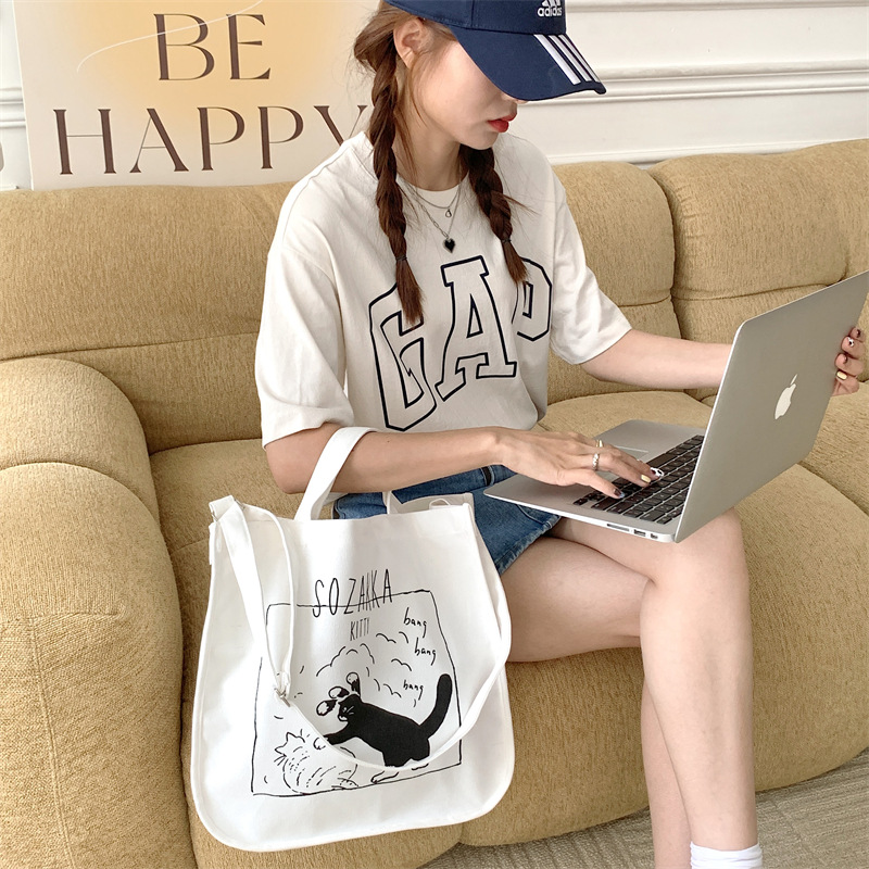37271 Japanese cartoon canvas bag, women's printed crossbody bag, tote bag, large-capacity student class bag, handbag details Picture