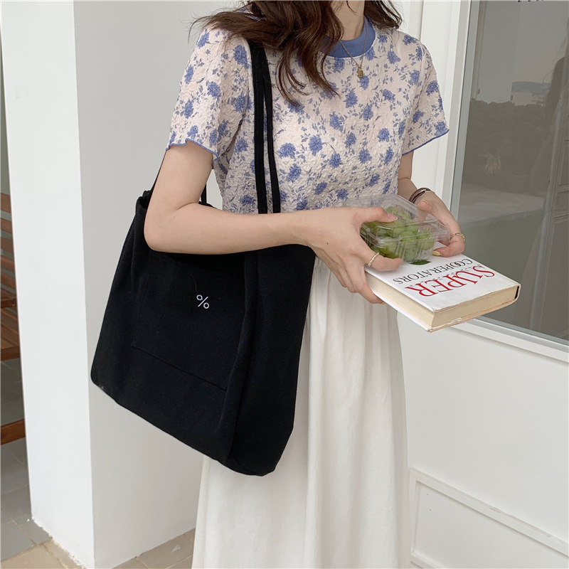 Wholesale 1521 laid-back style large-capacity single-shoulder bag, simple Korean-style student shopping bag, artistic canvas tote bag details Picture