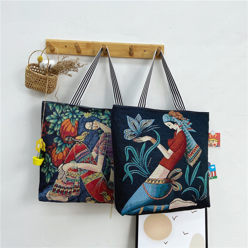 New painted European and American retro bags for women wholesale, fashionable ethnic style underarm tote bags, women's single-shoulder canvas bags Specification drawing