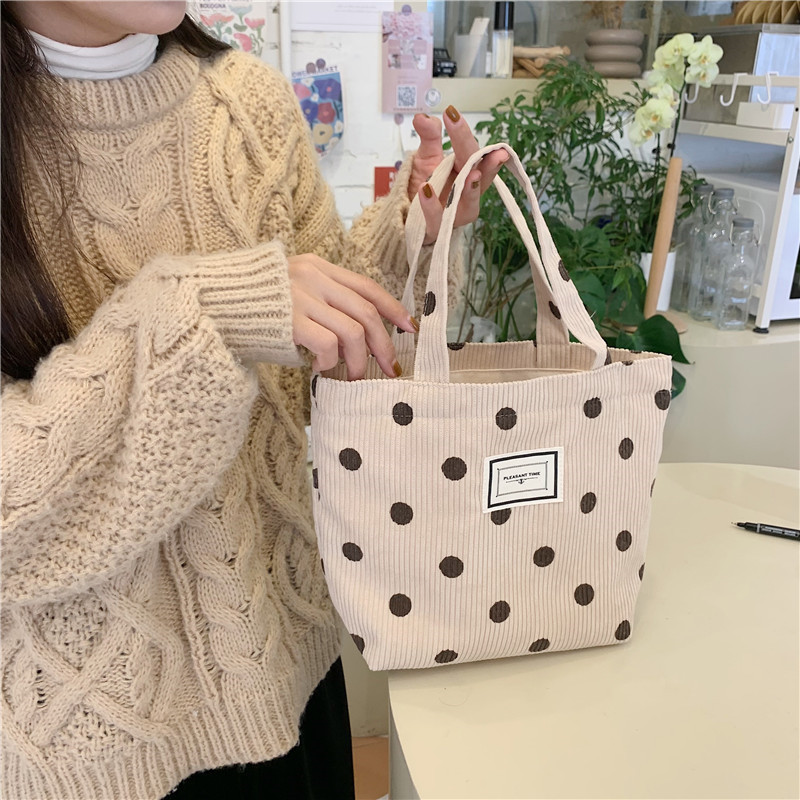 112221 New corduroy retro polka dot handbag, Japanese-style cute smiling face tote bag, women's bento bag full figure
