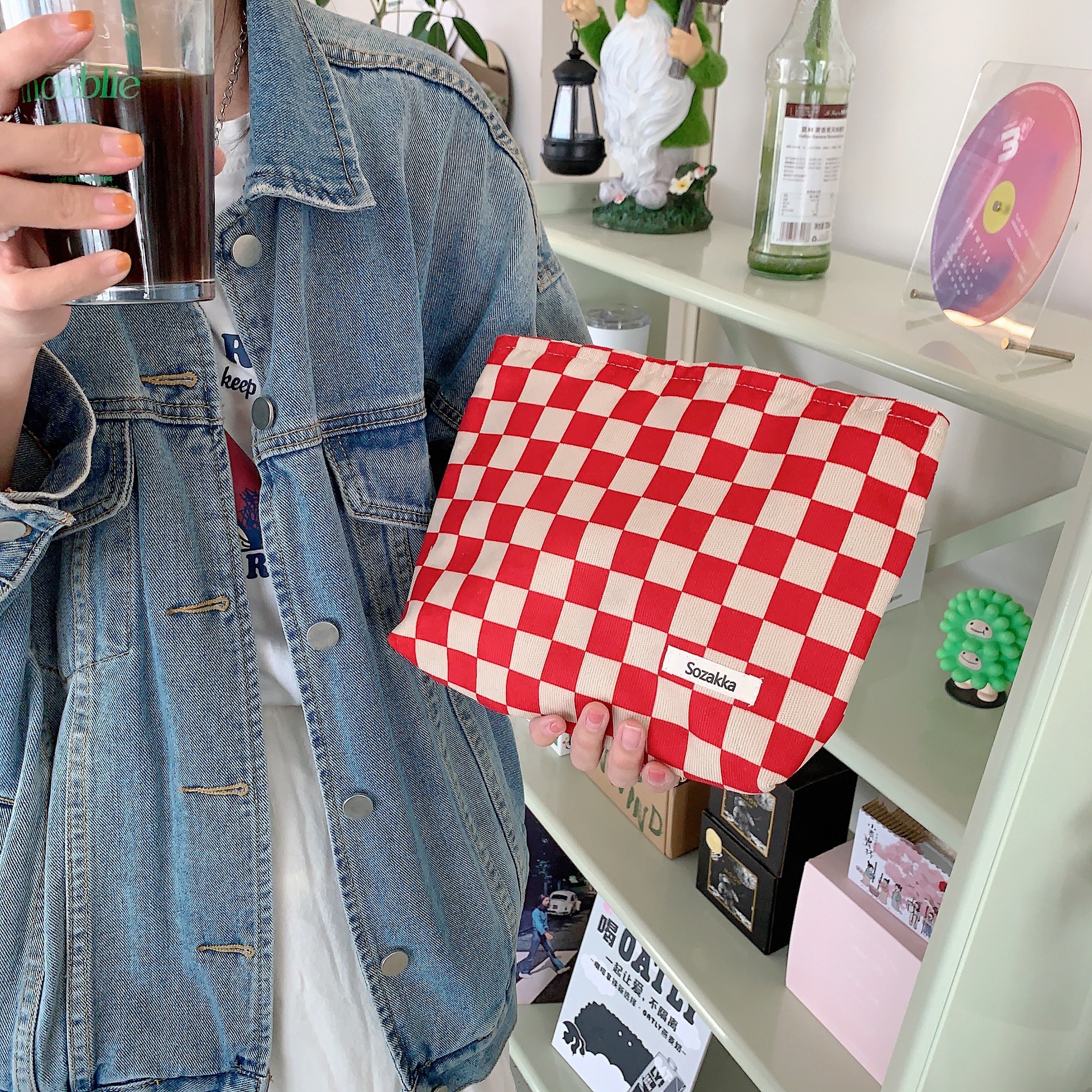 111306 Corduroy checkered makeup bag, color-blocking checkered washbasin storage bag, women's clutch, cosmetics full figure
