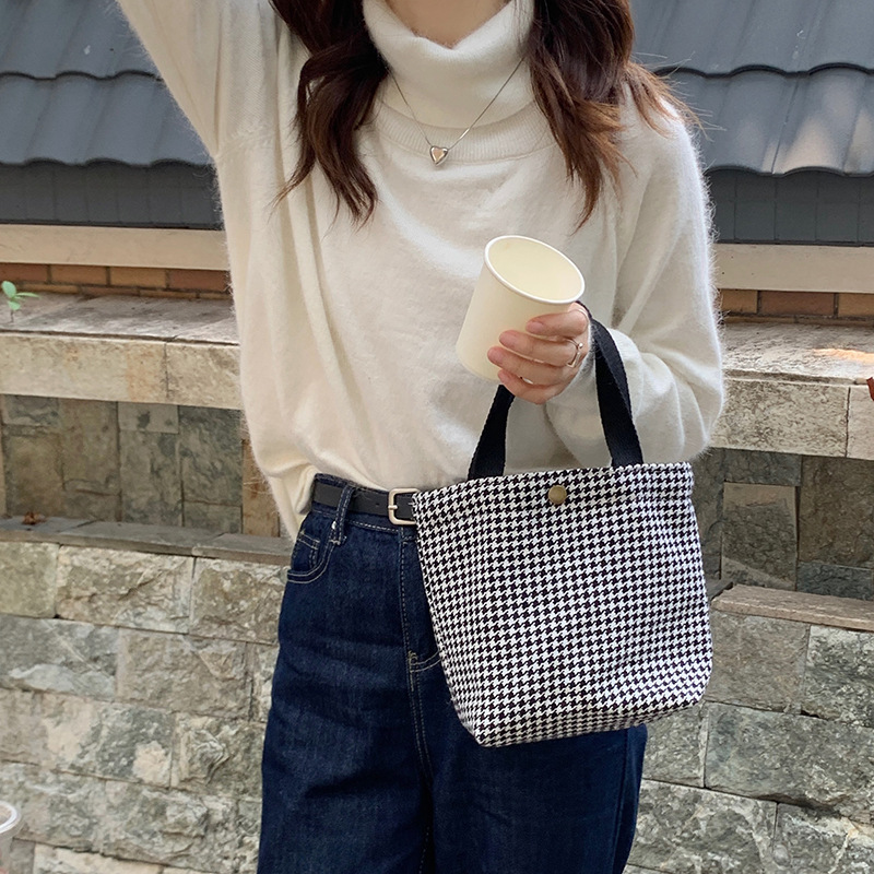 【 In Stock 】19151 woolen tweed checkered bento bag for commuting, hand-held, female student, mom's lunch box bag Specification drawing