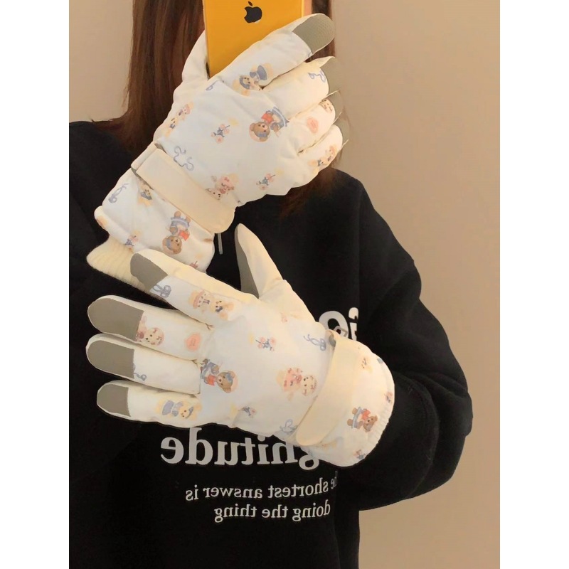 Winter thickened bear gloves, new fleece windproof, cold-proof and waterproof ski gloves, outdoor cycling cotton gloves for women Specification drawing