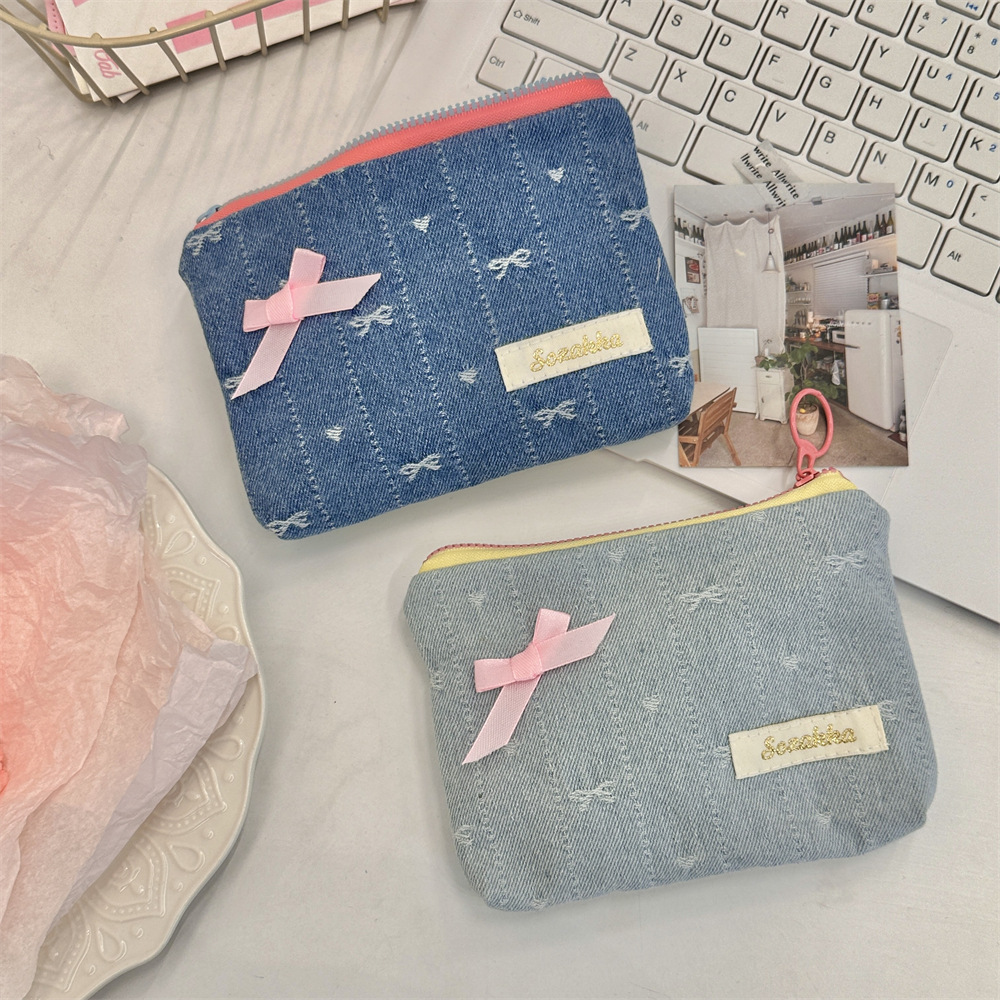 410211 Korean version embroidered bow, denim coin purse, coin key, storage bag, card case, small items organization full figure