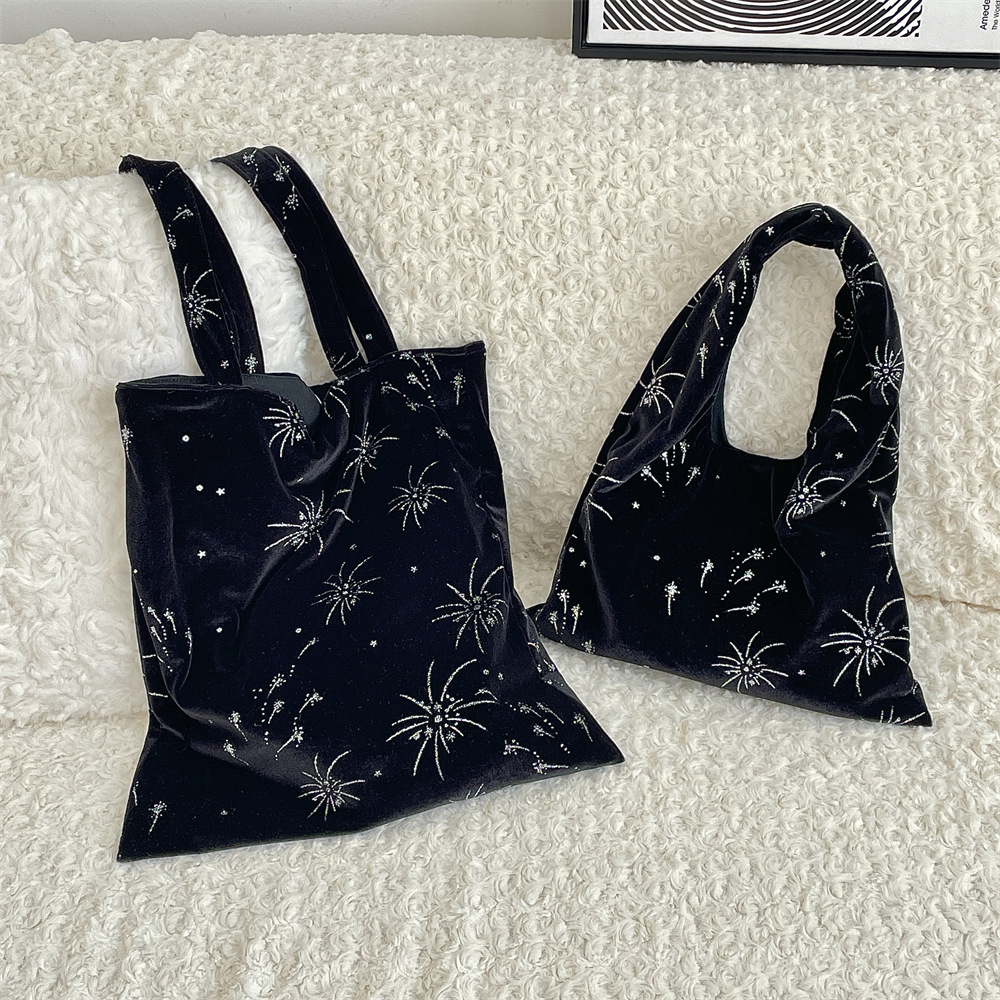 5221 Spring New Style velvet embossed silver firework Chinese laid-back single-shoulder bag, large capacity handbag, women's canvas bag full figure