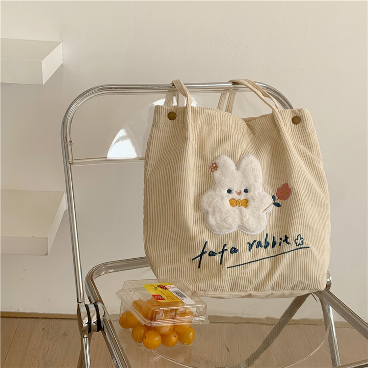 【 In Stock 】110102 Japanese-style corduroy cute embroidered single-shoulder bag, student schoolbag, artistic cloth bag Item Picture