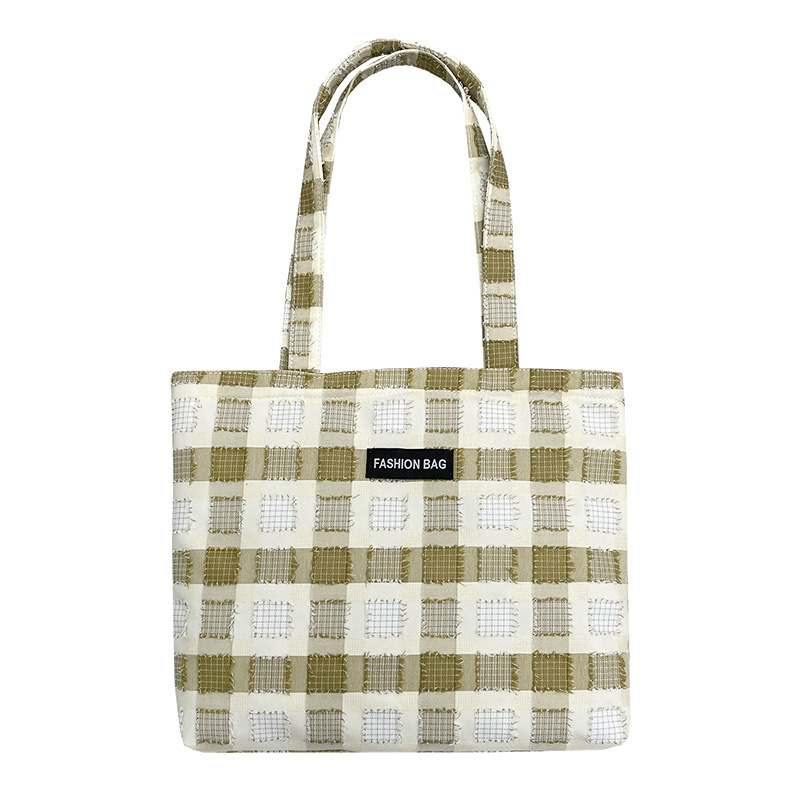 Girls' Japanese-style checkered shopping bags, zipper canvas bags, girls' Korean-style large-capacity student tote bags for class Item Picture