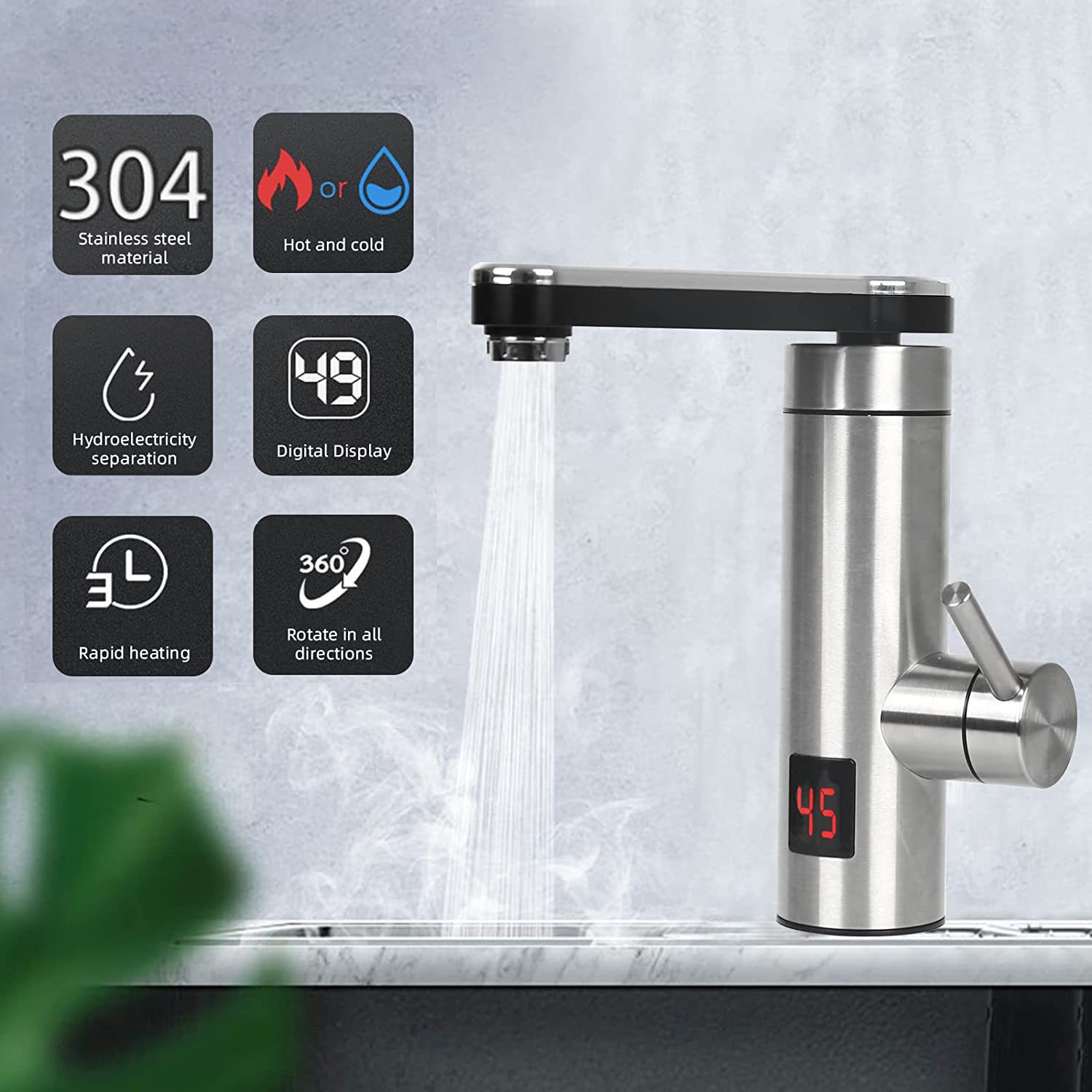Instant kitchen stainless steel faucet, bathroom digital display quick heating faucet details Picture