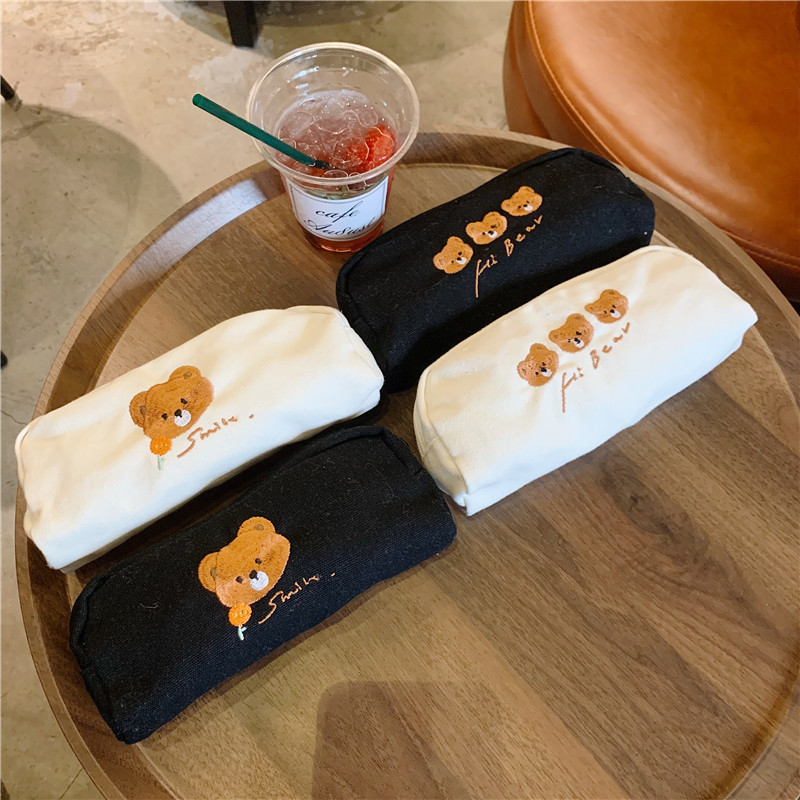 【 In Stock 】2113 Cute Bear Embroidered Canvas Pen Case, Japanese Student Stationery Box, Large Capacity Storage Bag full figure