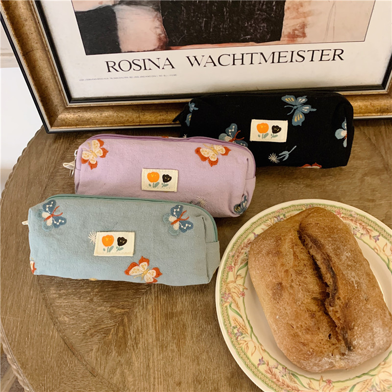 22141 Simple pen case for Japanese and Korean students, embroidered butterfly, large-capacity fabric stationery storage bag, makeup bag for girls full figure