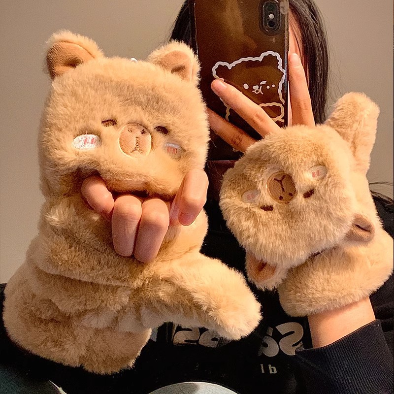 Cute Kapibala scarf and gloves for girls to keep warm in winter with added fleece and thickened, and for students to ride bikes to protect against the cold and wind details Picture