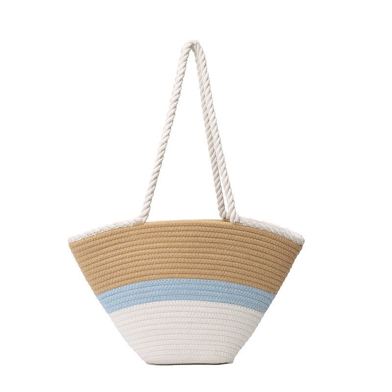 Summer new color-blocking large-capacity single-shoulder woven bag, women's beach vacation bag, forest-style casual tote bag details Picture
