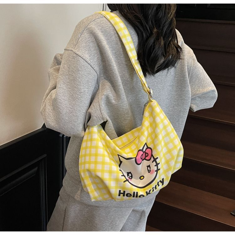 Cartoon Hello Kitty checkered canvas bag 2025 New style large-capacity lightweight single-shoulder crossbody bag for girls, children's bag Specification drawing