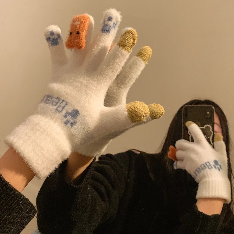 Cartoon cute gloves for girls in winter, thickened with fleece, five-fingered student cycling, cold-proof touch screen warm wool gloves full figure