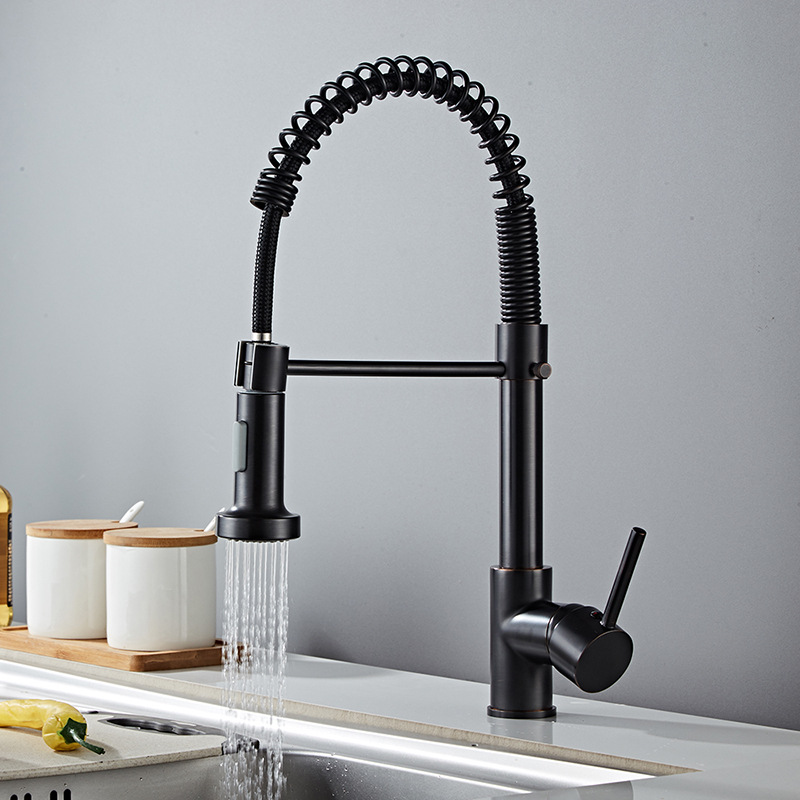 All-copper spring single-handle single-hole rotating faucet, kitchen sink, bathroom, brushed black electroplated low-pressure faucet Specification drawing