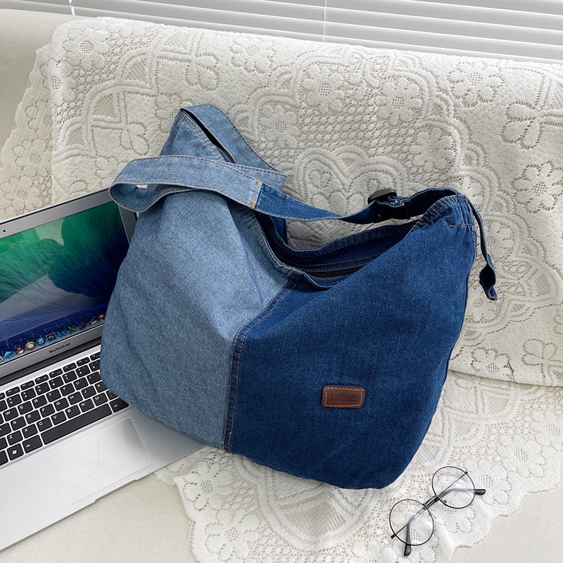 Japanese-style denim bag, simple and large-capacity single-shoulder women's bag, Korean-style retro canvas hand-held shoulder crossbody bag full figure