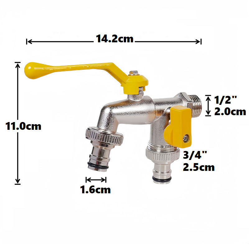 Cross-border exclusive gardening double-outlet zinc alloy faucet, one inlet and two outlets, double pacifier, aluminum handle faucet [Yellow] Specification drawing
