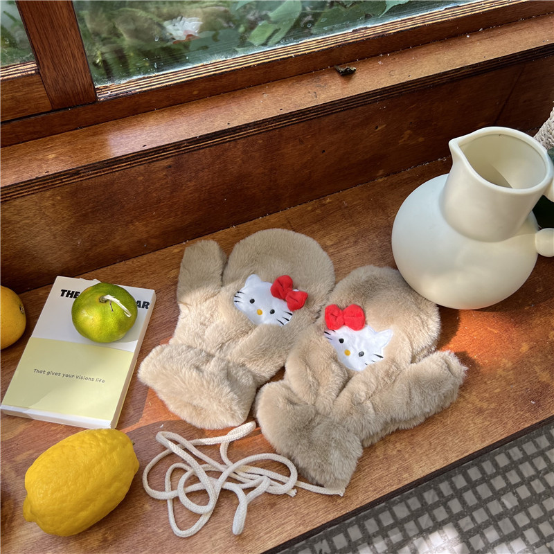 Korean cute girl heart bow cat plush gloves, full-finger cycling cold-proof thickened student halter-neck gloves Specification drawing
