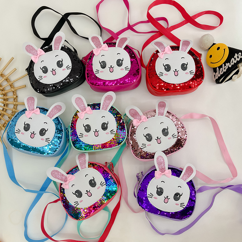 2024 New cartoon cute sequined little rabbit pu bag for girls, sweet little princess single-shoulder coin purse full figure
