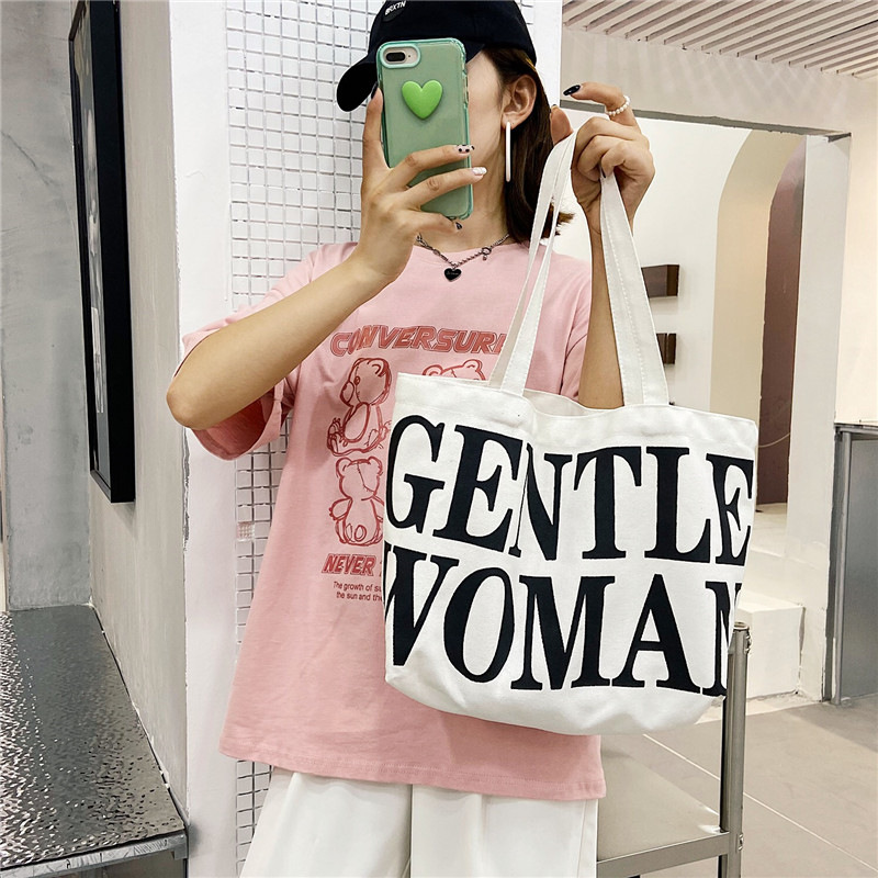 Simple letter canvas bag for women, new artistic ins style, large-capacity single-shoulder bag, student class handbag wholesale details Picture