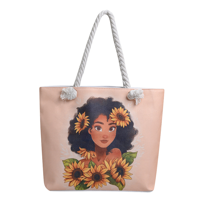 New cross-border tote bag, versatile women's portable shopping bag, creative women's printed aesthetic thick rope beach bag full figure