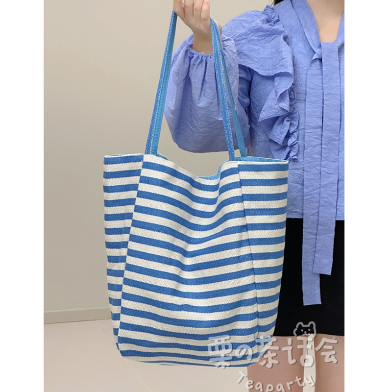 New striped canvas bag, Korean laid-back style tote bag, large-capacity casual single-shoulder bag for students, women Specification drawing