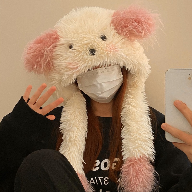 Cute puppy hat, new plush thickened pullover hat, women's warm cycling ear protection hat, autumn and winter anti-freezing lace-up hat Specification drawing