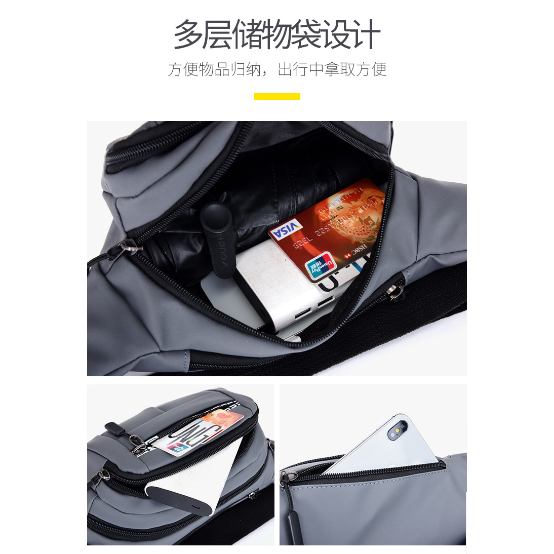 Manufacturer's cross-border men's waist bag with waterproof film, large capacity, multi-functional crossbody, business mobile phone coin purse Specification drawing