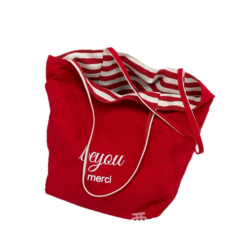 New striped canvas bag, Korean laid-back style tote bag, large-capacity casual single-shoulder bag for students, women Item Picture