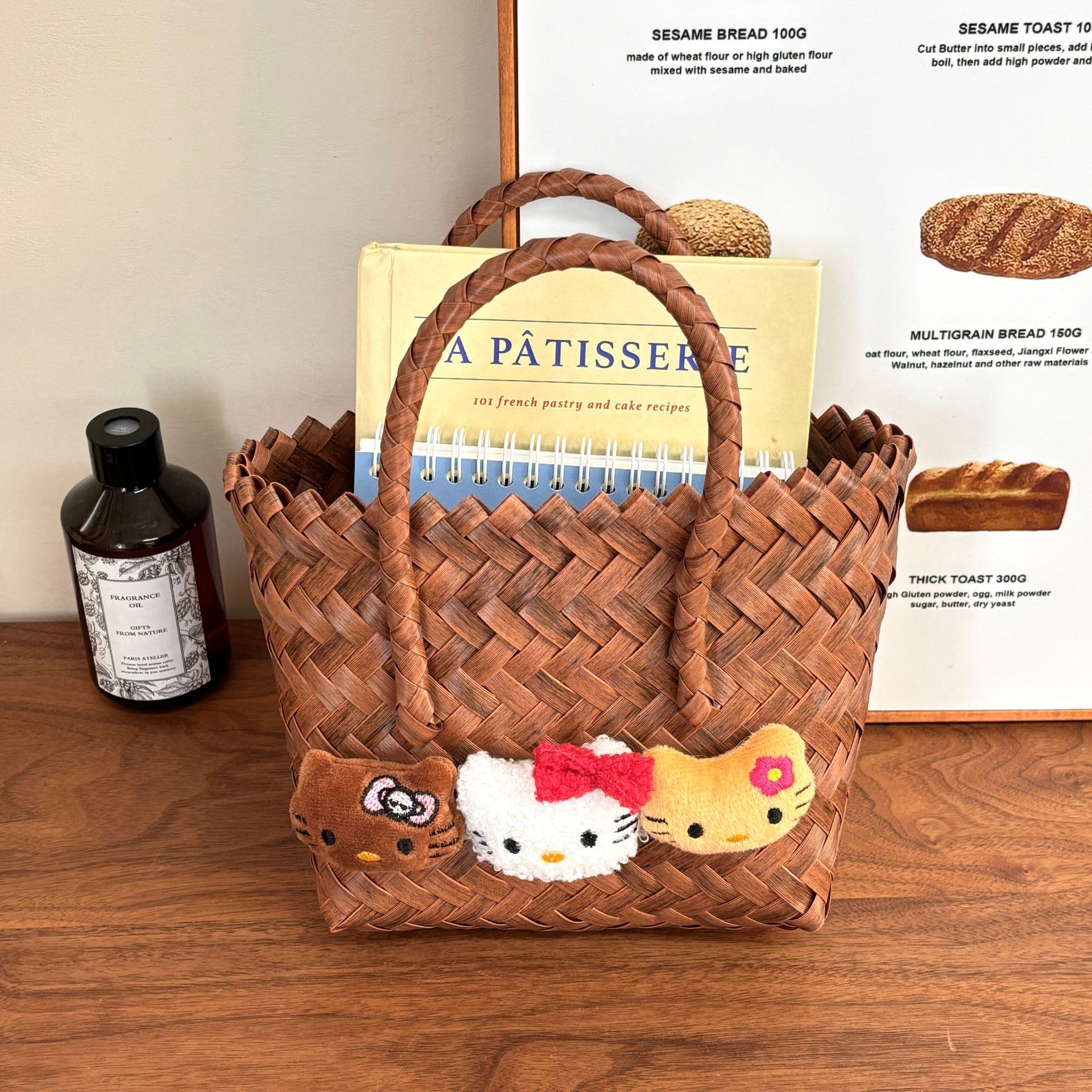 The same style of summer cat imitation rattan woven baby handcrafted from Xiaohongshu, cute vegetable basket handbag, beach bag for girls Specification drawing