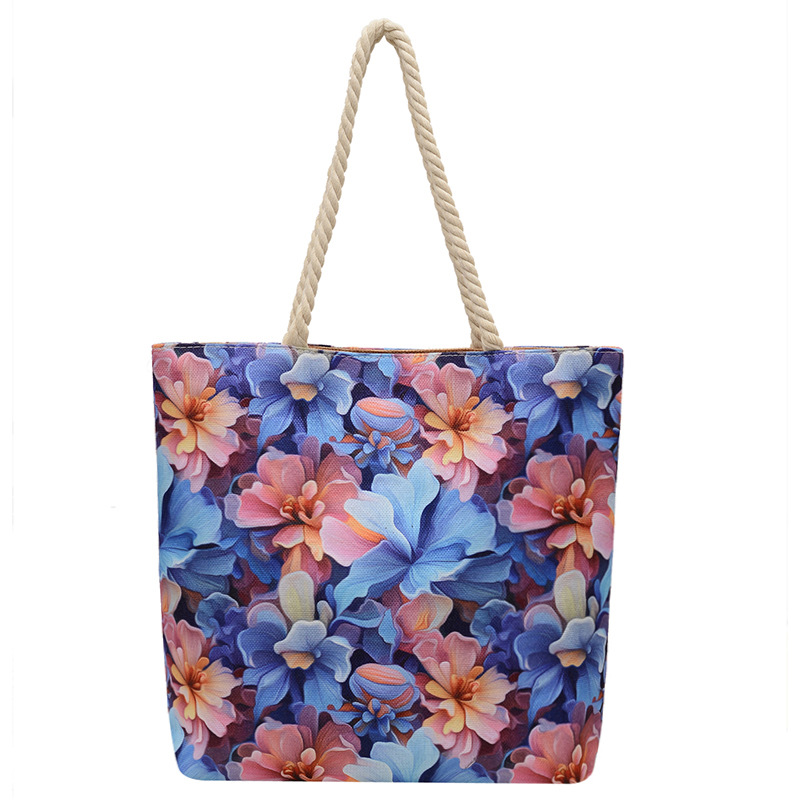 Wholesale of new cross-border retro single-shoulder bags, fashionable linen cotton rope simple handbags, double-sided embroidered canvas bags Item Picture