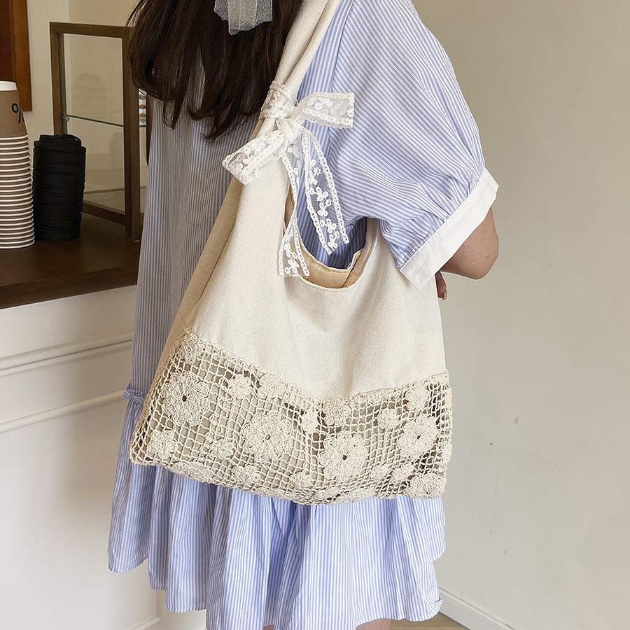Summer vacation, unique style canvas original design, pure cotton patchwork single-shoulder tote bag, large capacity beach bag Specification drawing