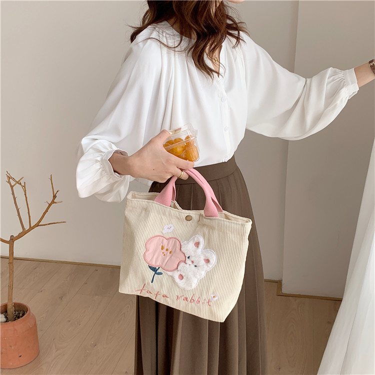 11097 Cute Cartoon rabbit embroidered canvas bag Corduroy tote bag for female students' commuting to work lunch box details Picture