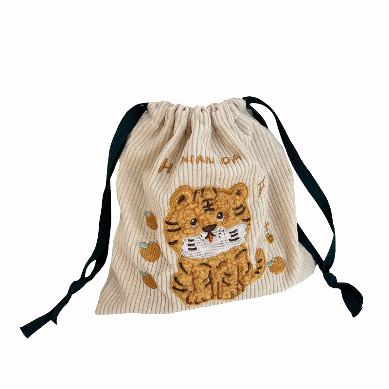 112306 Embroidered little tiger drawstring bag, cute travel gift bag, student miscellaneous storage and makeup bag Item Picture