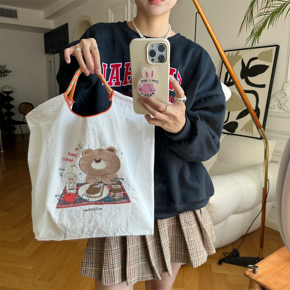 M31192 Cute cartoon embroidered cloth bag, Oxford shopping bag, portable large-capacity tote bag with hand and shoulder details Picture