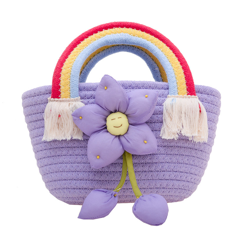 Korean version 2023 Trendy cotton rope handbag, internet-famous stylish handbag, fresh and cute flower straw woven bag, fashionable rainbow Item Picture