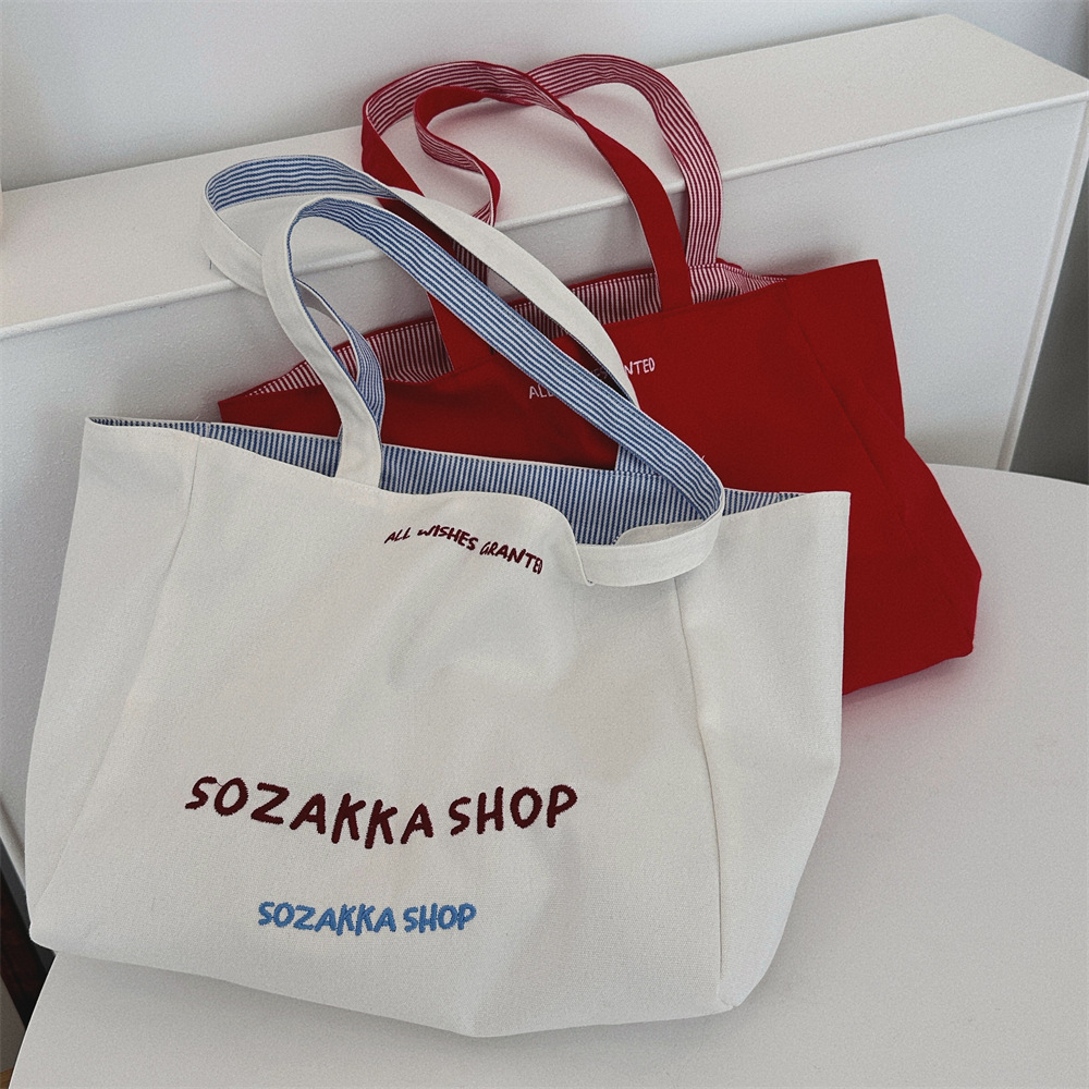 49191 New letter-embroidered canvas bag, artistic and casual, large-capacity single-shoulder bag, women's reversible tote bag details Picture