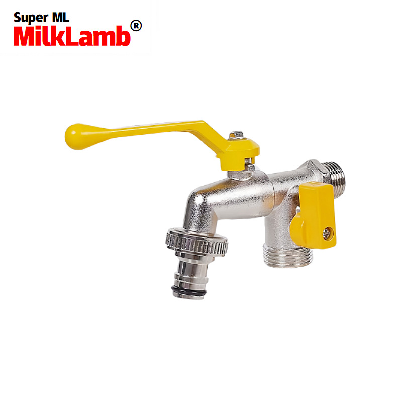 Cross-border exclusive gardening double-outlet zinc alloy faucet, one inlet and two outlets, double pacifier, aluminum handle faucet [Yellow] details Picture
