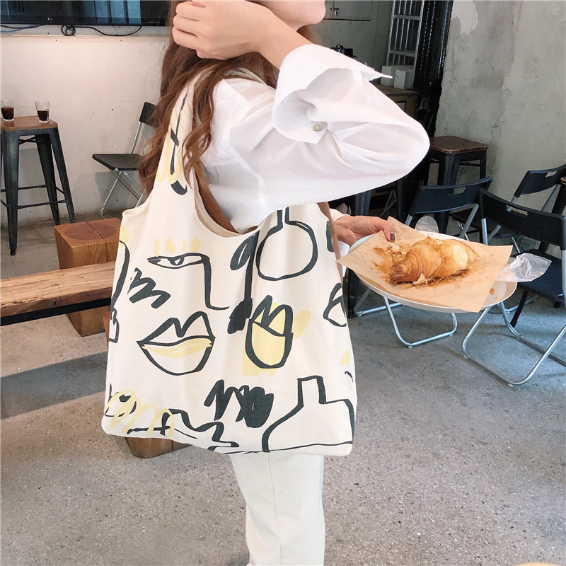 99301 Japanese laid-back style Instagram simple graffiti line single-shoulder bag, canvas bag, shopping bag, female student cloth bag details Picture