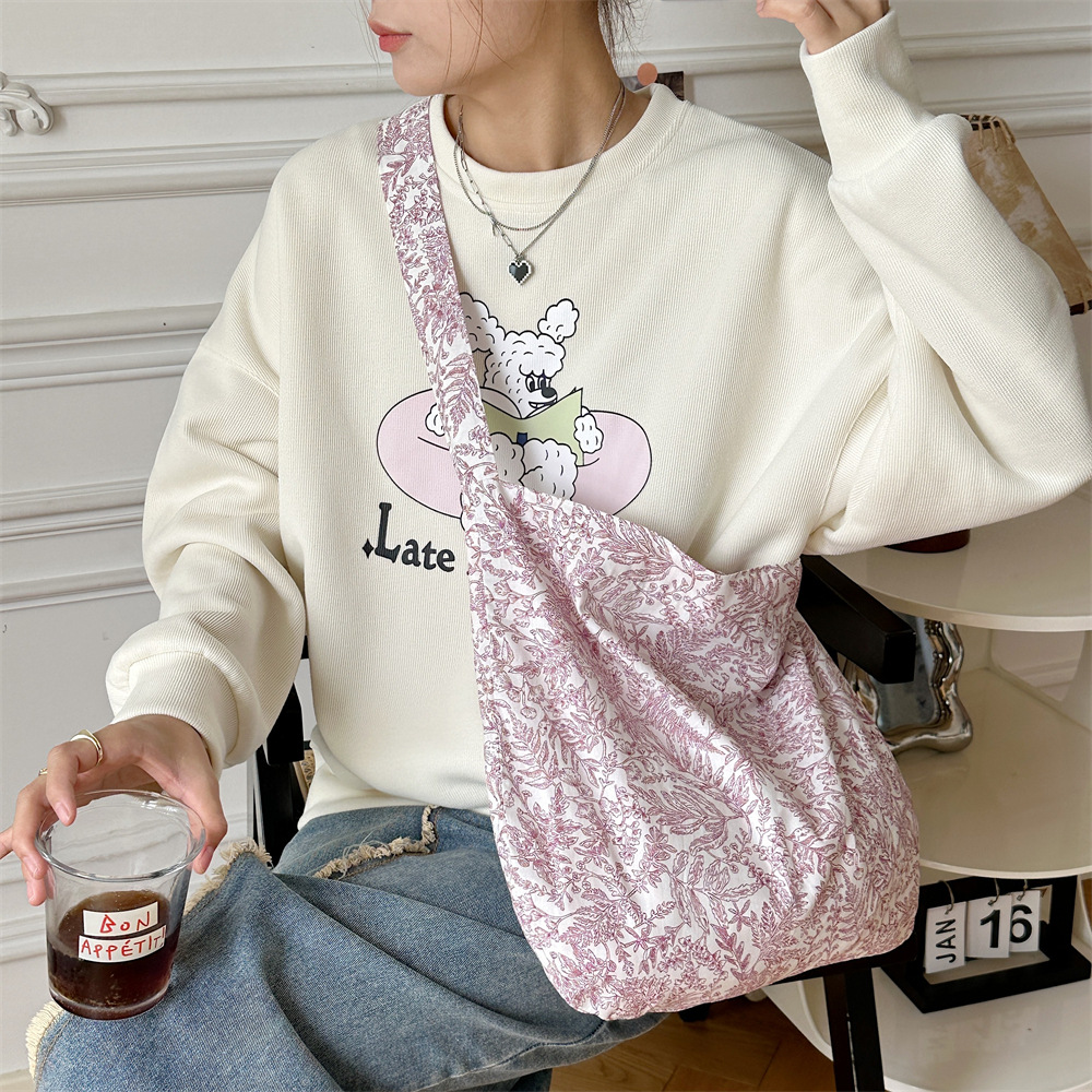 38292 Vintage floral large-capacity crossbody canvas bag, single-shoulder hand-carry canvas bag, shopping bag for women wholesale details Picture