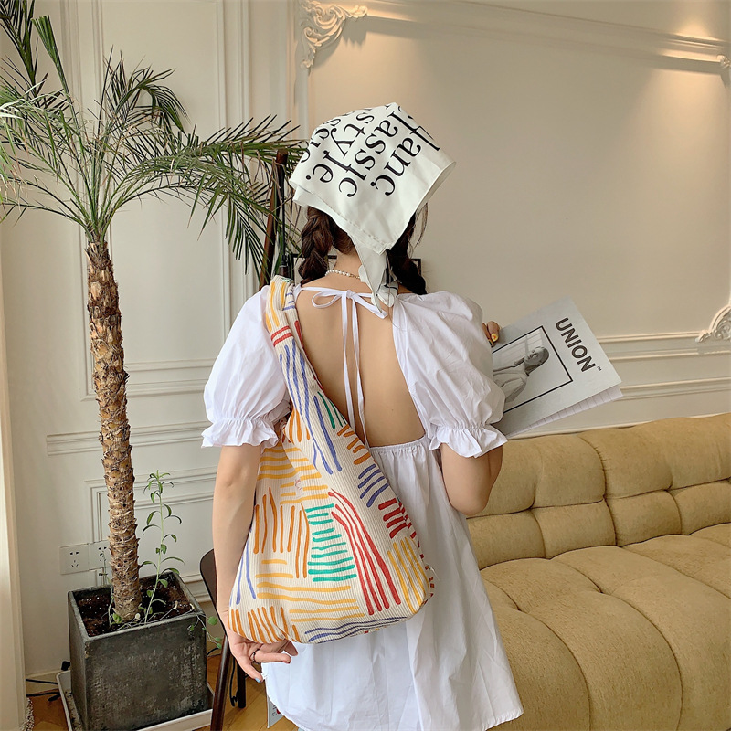 35201 color-blocking line large-capacity canvas bag for women, new trendy summer shopping bag, single-shoulder cloth bag, vest bag Specification drawing