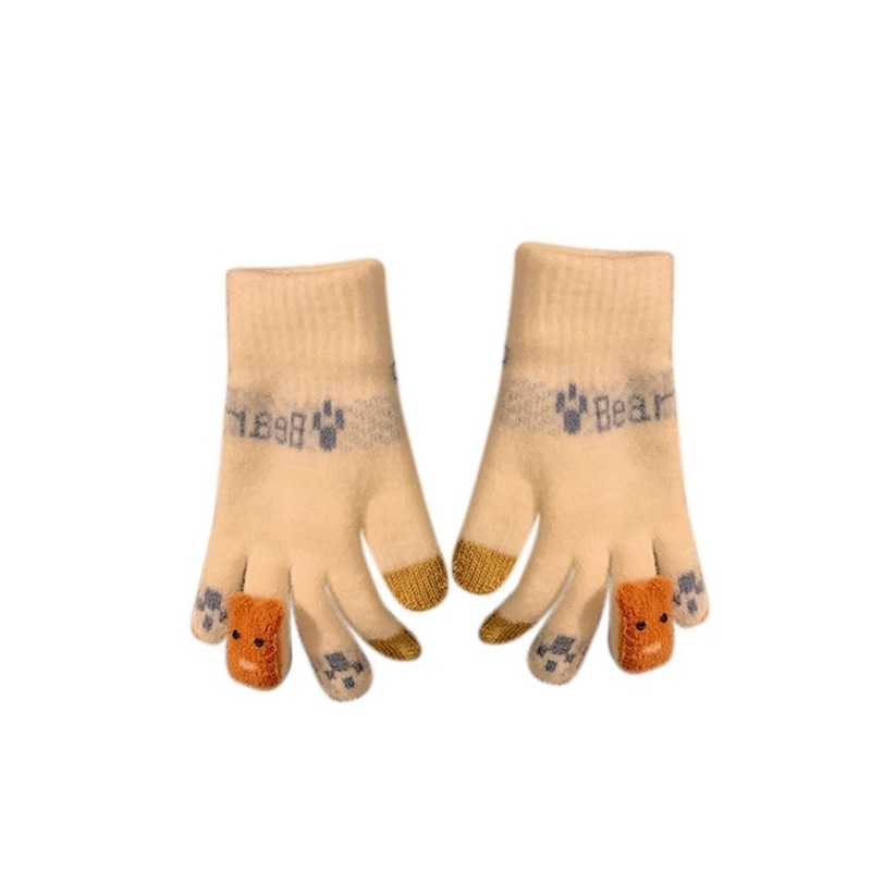 Cartoon cute gloves for girls in winter, thickened with fleece, five-fingered student cycling, cold-proof touch screen warm wool gloves Item Picture