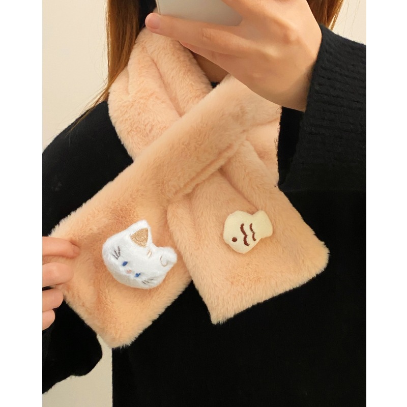 Cartoon cat scarf, sweet and girlish, warm and fluffy scarf, Japanese crossover short thick scarf, school style Specification drawing