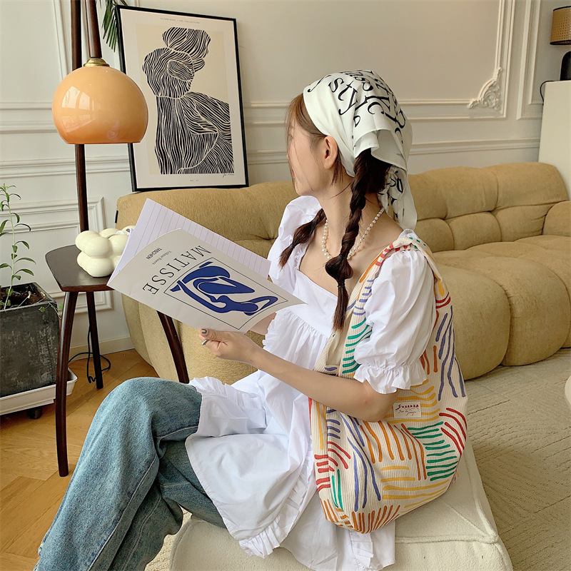 35201 color-blocking line large-capacity canvas bag for women, new trendy summer shopping bag, single-shoulder cloth bag, vest bag Item Picture