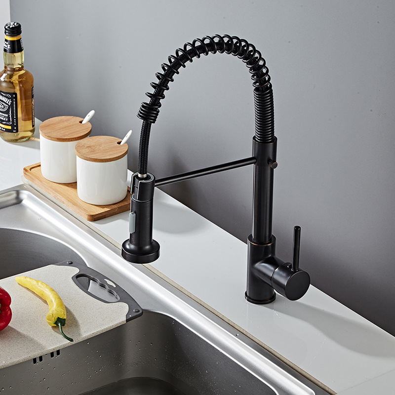 All-copper spring single-handle single-hole rotating faucet, kitchen sink, bathroom, brushed black electroplated low-pressure faucet details Picture