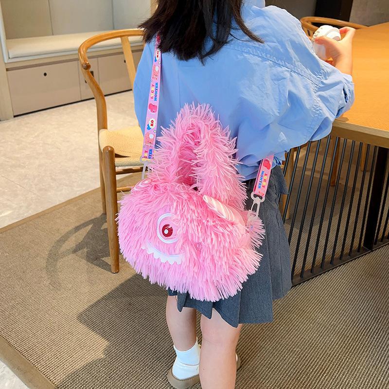 2024 New style of cute Korean plush single-shoulder crossbody bag with a girlish heart and cartoon monsters. Children's crossbody bag full figure