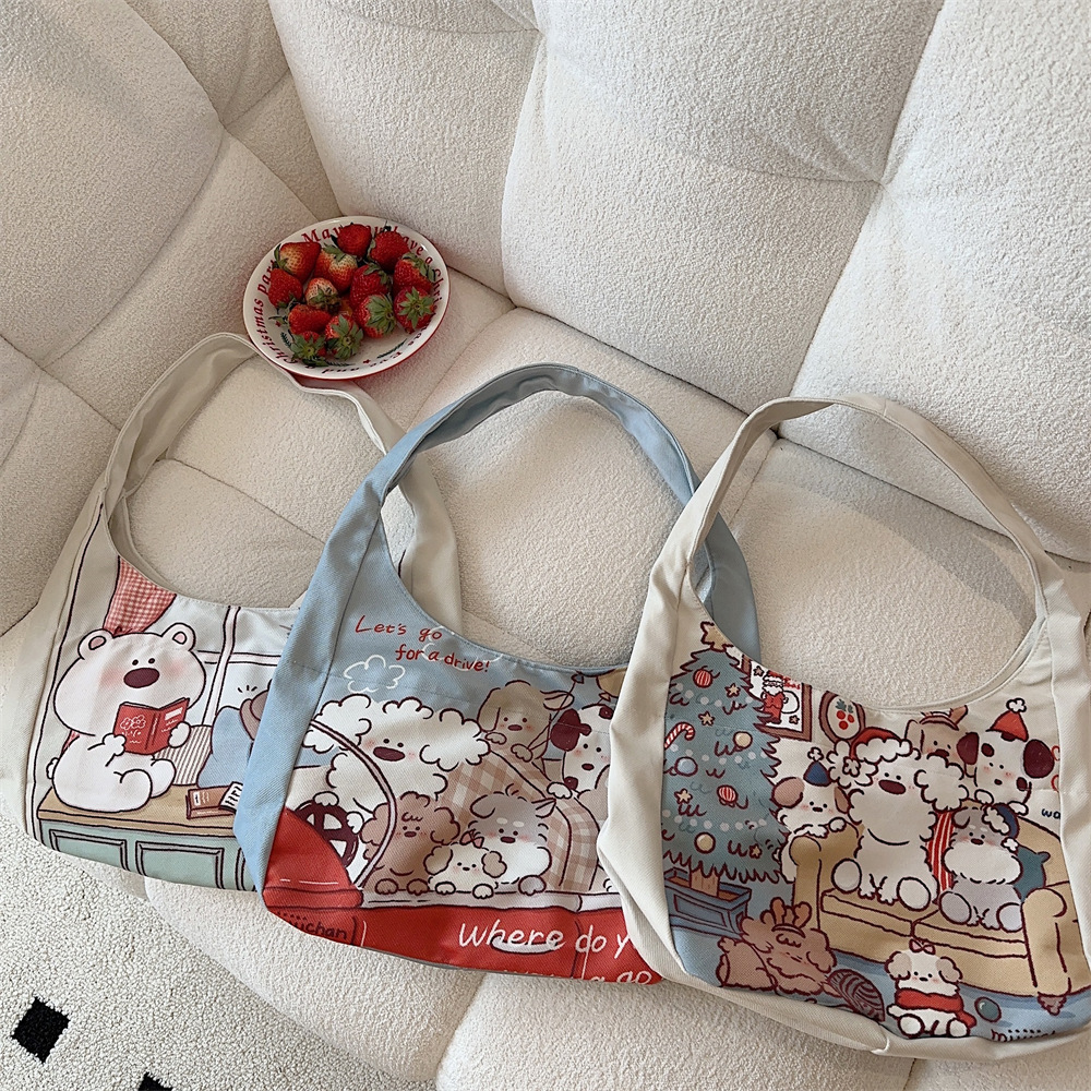 M312111 Cartoon Bear printed canvas tote bag, large-capacity student fashionable commuting single-shoulder bag, underarm bag full figure