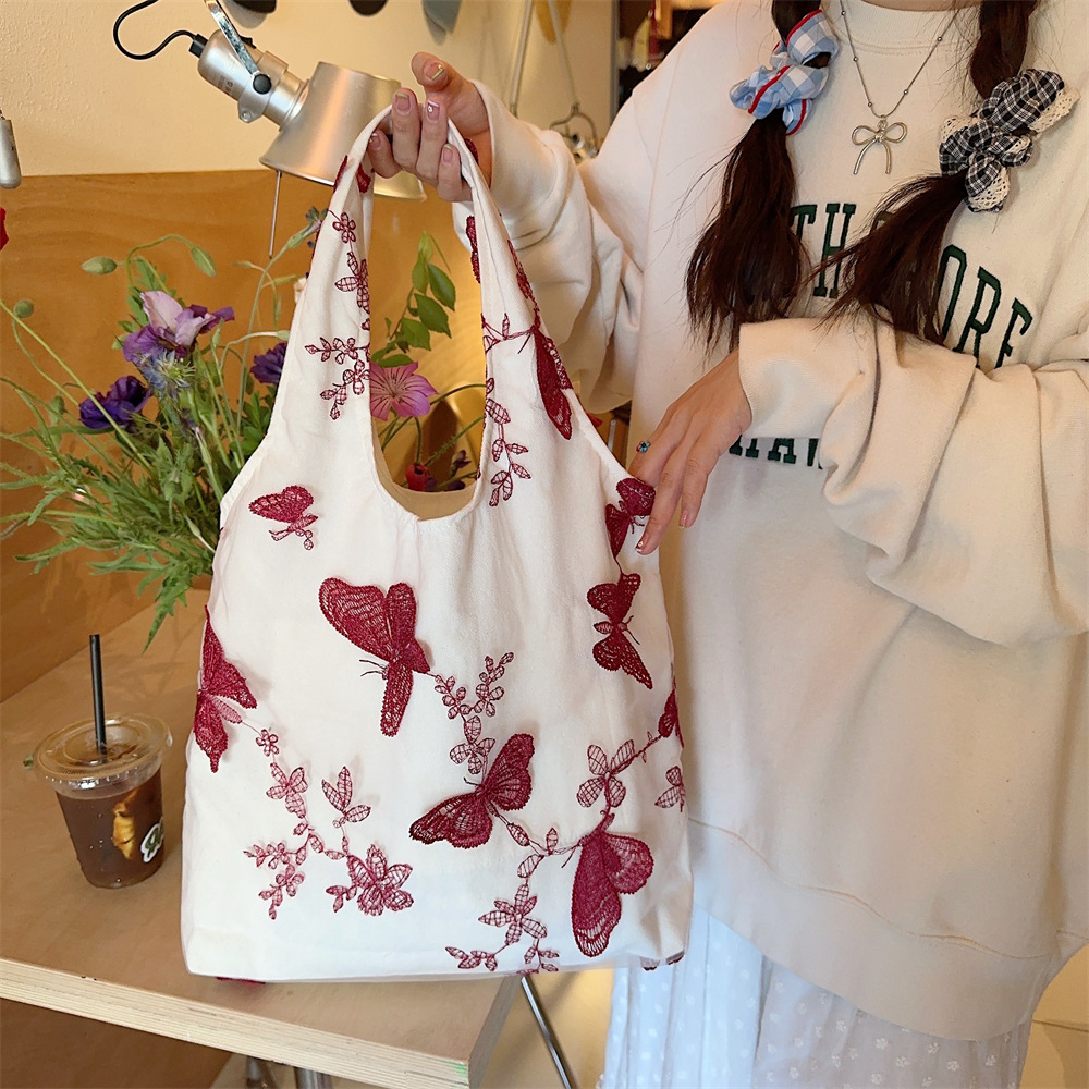 44292 Traditional Chinese style retro embroidered lace butterfly cloth bag for casual women's travel, canvas bag, large capacity single-shoulder bag details Picture