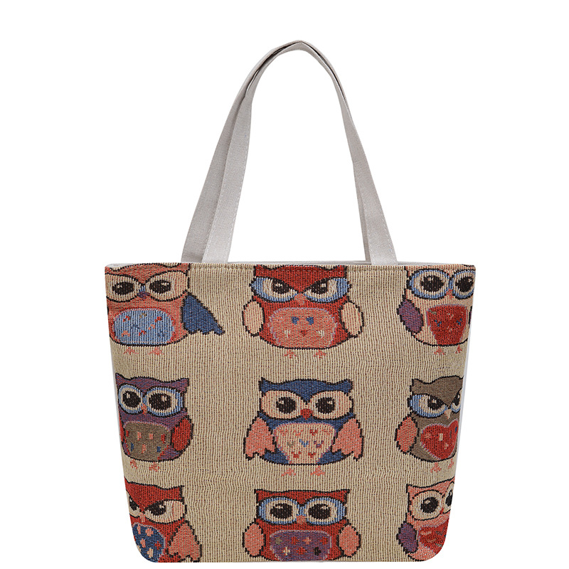 Spring 2025 New Korean-style woven flower cartoon owl canvas bag, women's fashionable single-shoulder bag, large-capacity handbag Item Picture