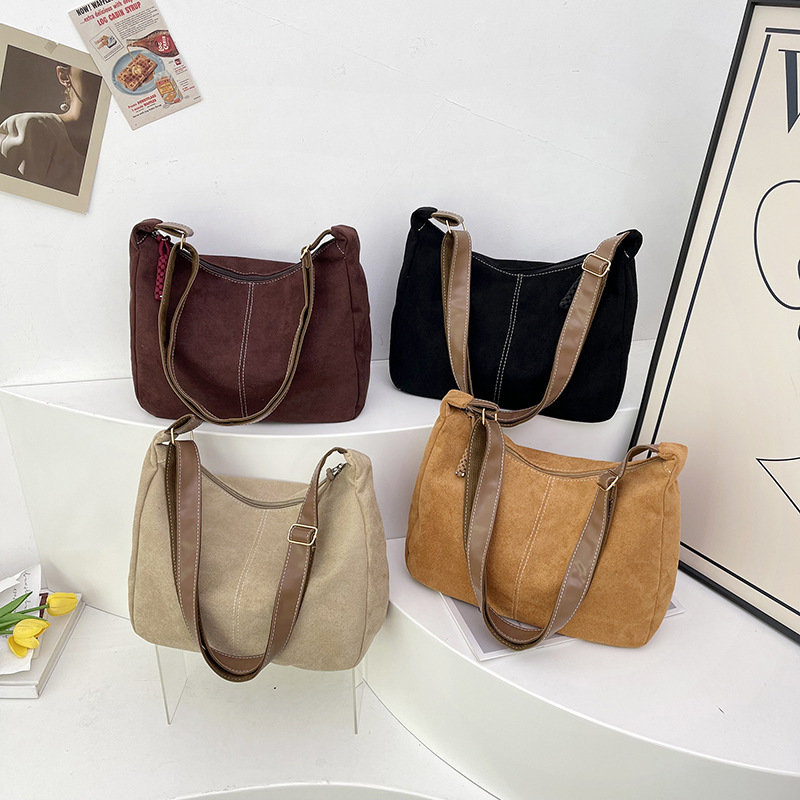 Wholesale of new suede large-capacity tote bags, niche commuter single-shoulder bags, and fashionable solid-color hand-held crossbody women's bags full figure
